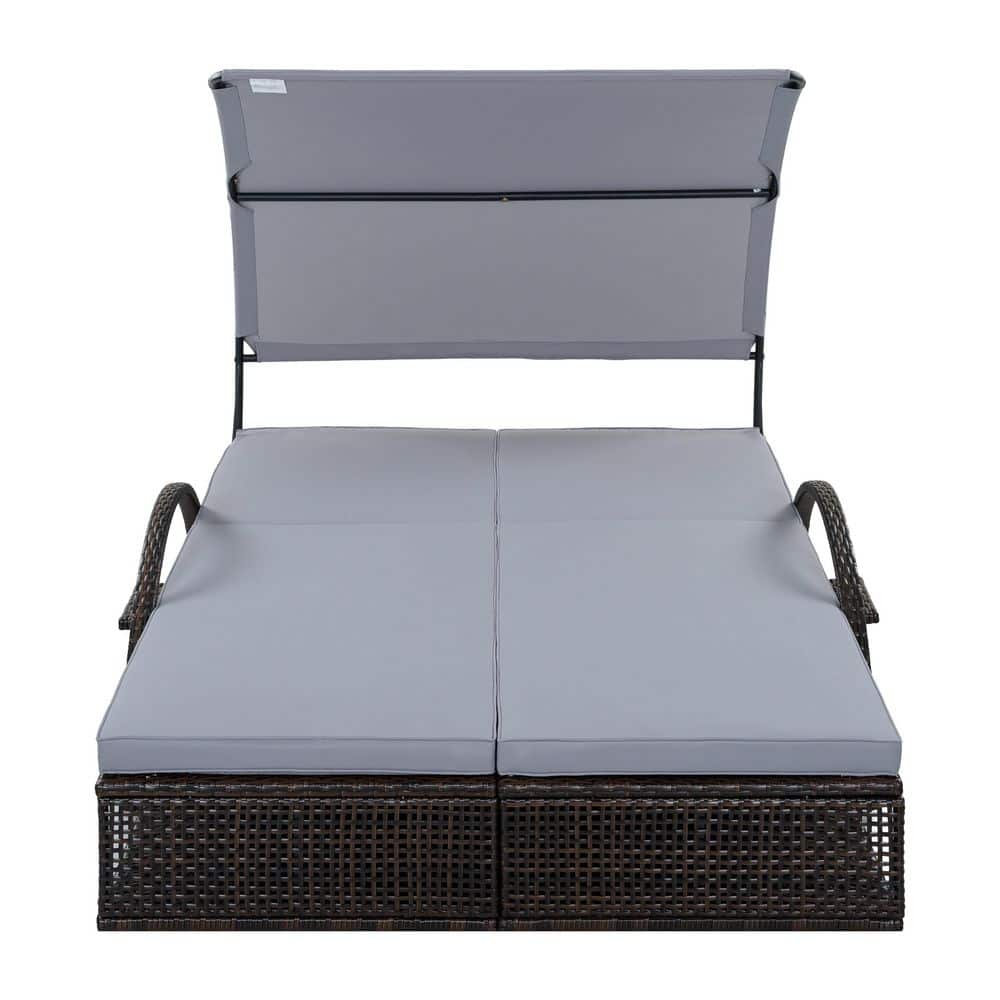 Steel and HDPE Wicker Outdoor Day Bed with Adjustable Backrest, Curved Canopy and Removable Gray Cushions