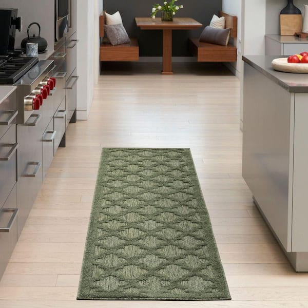 Easy Care Green 2 ft. x 10 ft. Trellis Contemporary Runner Area Rug