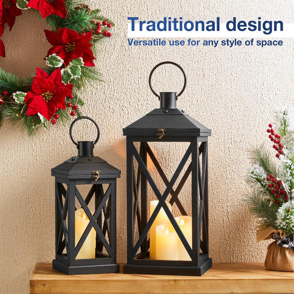 Distressed Black Wood and Metal Floor Candle Lanterns Set