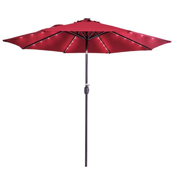 Wildaven Outdoor 9 ft. Powered 32 LED Lighted Table Market Umbrella Solar Tilt Patio Umbrella in Burgundy Crank and Push Button