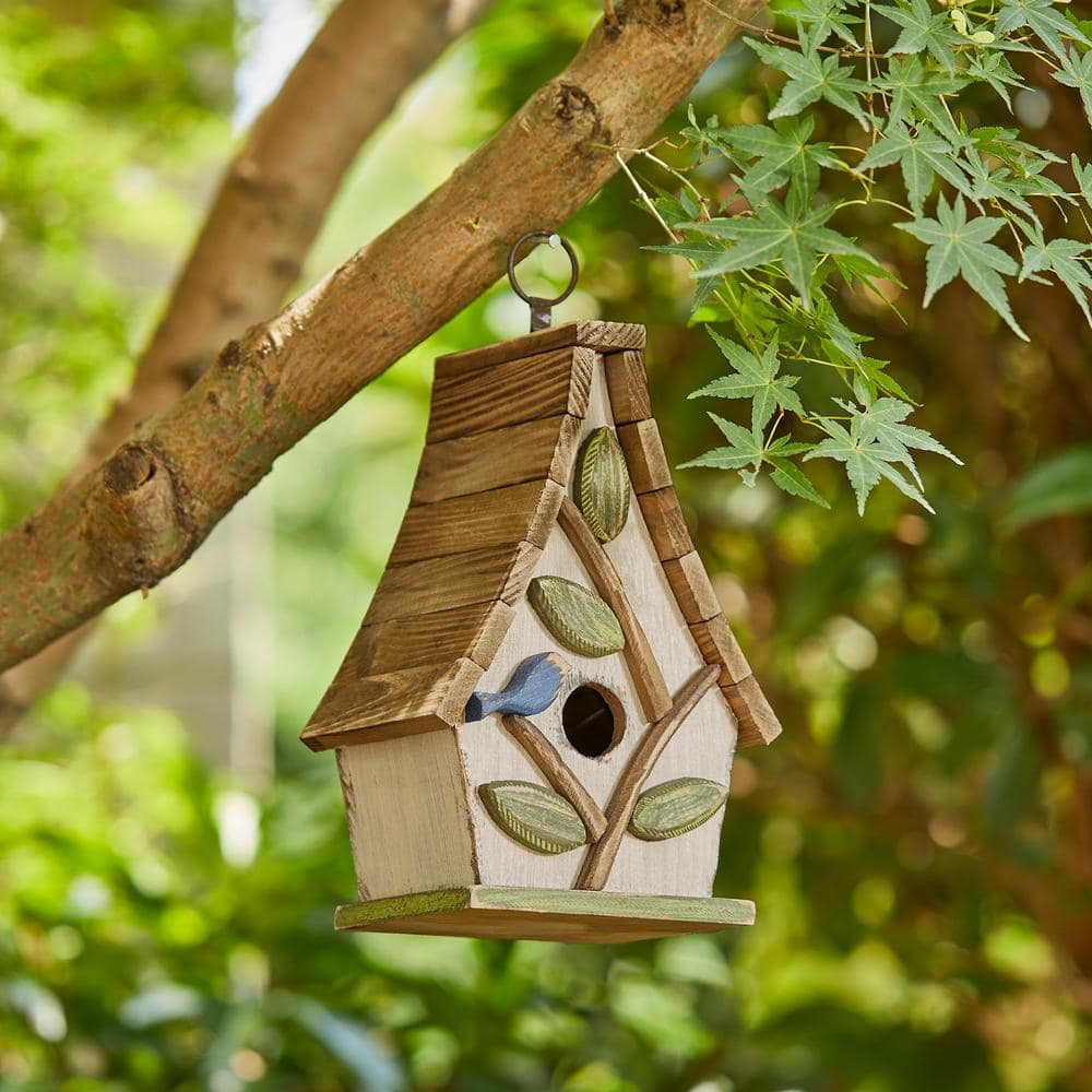 Distressed Washed White Solid Wood Birdhouse with Natural Pallet Roof