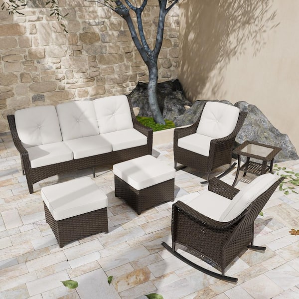 Brown 5-Piece Wicker Patio Conversation Set with Rocking Chairs, Outdoor Sofa Seating Set with Olefin Beige Cushions