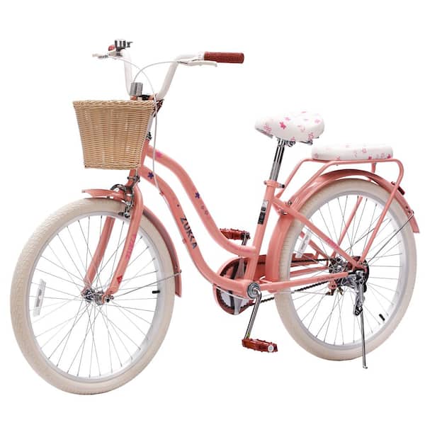 24 in. Peach Pink Single Speeds Steel Frame City Bike with Wicker Basket & Rear Rack