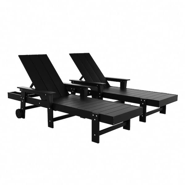 WESTIN OUTDOOR Shoreside 2-Piece Black Fade Proof Plastic Portable Poly Reclining Outdoor Patio Chaise Lounge Arm Chairs with Wheels