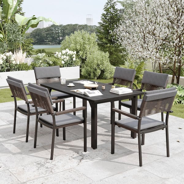 Gray 7-Piece Metal Outdoor Dining Set with Rectangle Table and Stackable Rattan Wicker Dining Chair with Cushions