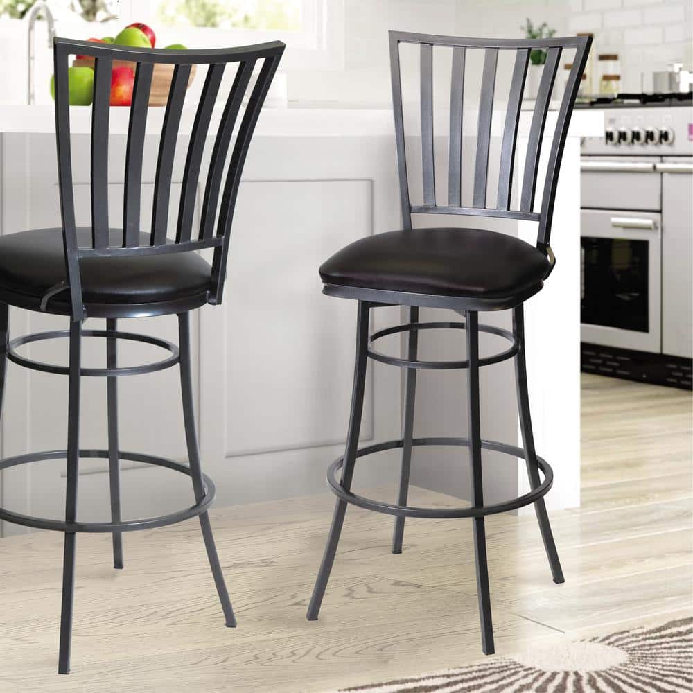 Transitional Black Leather Swivel Barstool with Metal Base