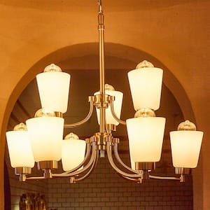 9-Light Brushed Nickle Finish Hanging Chandelier Tiered with Shade