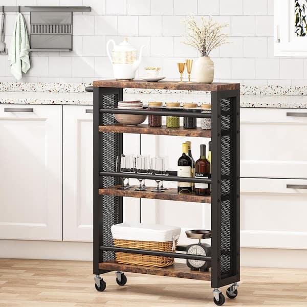 Clarine Rustic Brown 19.7 in. W 3-Tier Narrow Bar Cart with Wheels and Handle for Small Space