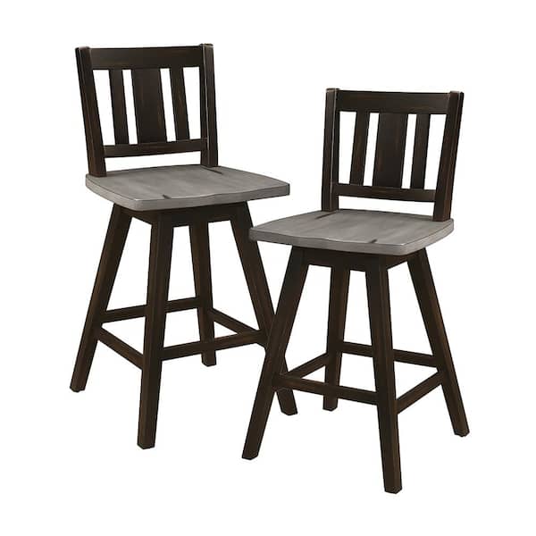 Lazzara Fenton 23 in. Distressed Gray and Black Wood Swivel Counter Height Chair (Slat Back) with Wood Seat (Set of 2)
