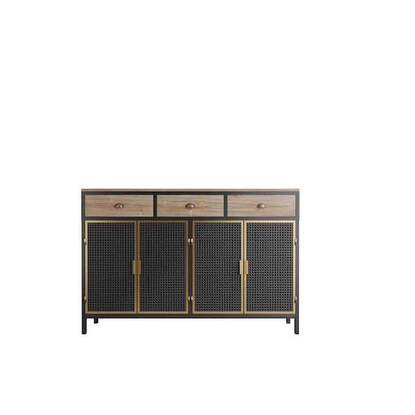 48" Wide Modern 4-Door Sideboard with 3 Top Drawers for Living Room, Office, & Bedroom in Dark Gray
