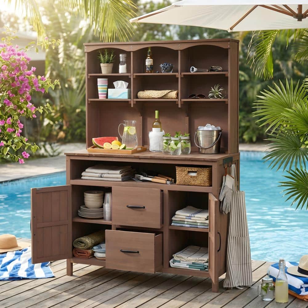 Brown Outdoor Multi-Functional Patio Grill Cart, Wood Potting Bench with Hutch, Cabinets and Drawers price history on PriceWatchPro