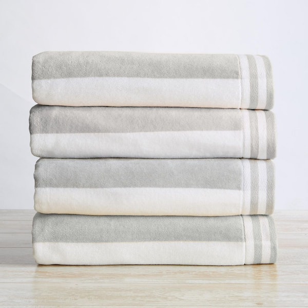Pale Grey 100% Cotton Cabana Stripe Oversized 4 Pack Beach and Pool Towels