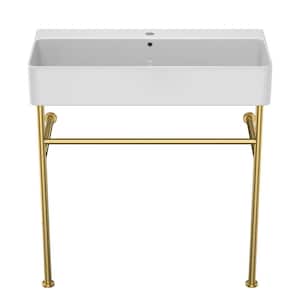32 in. Bathroom Ceramic Console Sink with Overflow and Gold Stainless Steel Legs