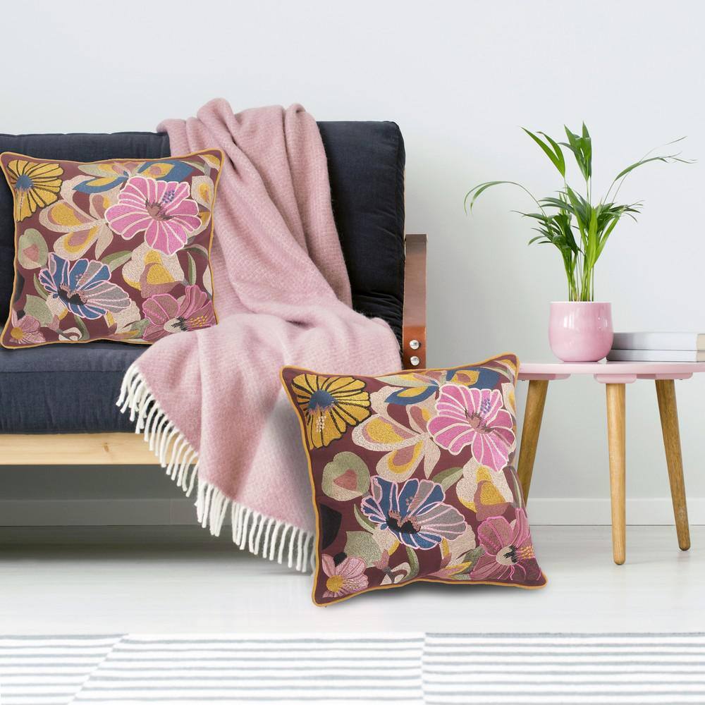 Hibiscus Floral Multi-Color Cotton Square Throw Pillow, 20"