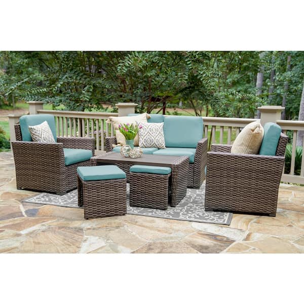Leisure Made Newton 6-Piece Wicker Patio Conversation Set with Spa Blue Polyester Cushions