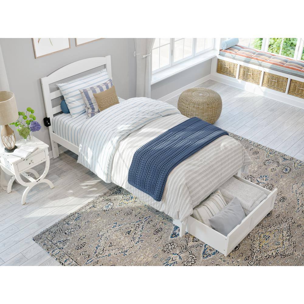 Mission-Inspired White Twin Platform Bed with Drawer & USB Charger