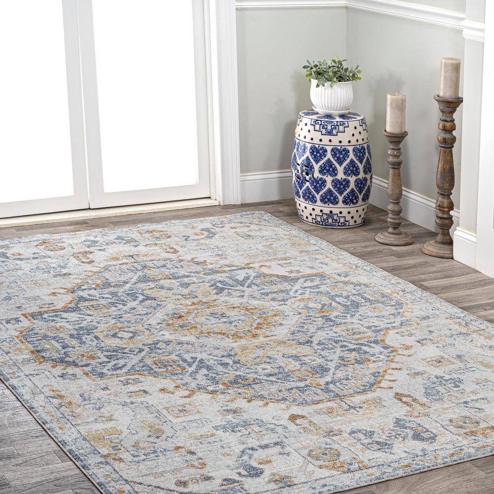 Cream and Blue Medallion Washable Synthetic Area Rug 3' x 5'