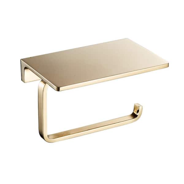 Wall-Mount Toilet Paper Holder in Gold, Solid Brass and Superior Hotel Style Tissue Roll Holder with Cell Phone Storage