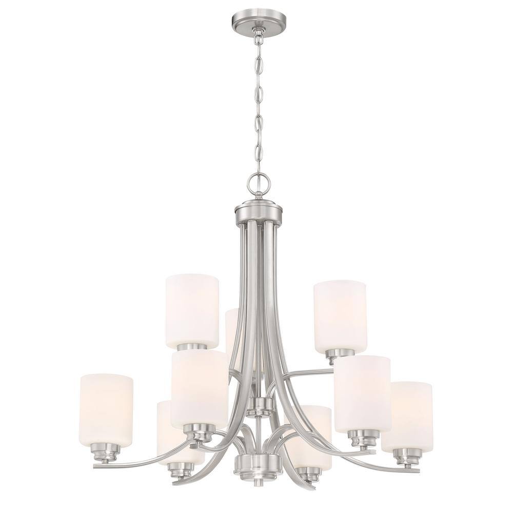 Polished Nickel 29" 9-Light Chandelier with White Cylinder Shades