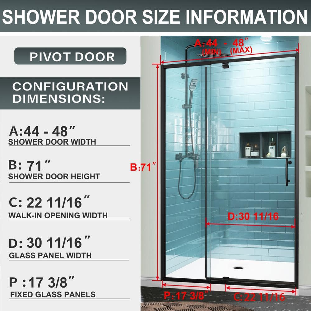 48 in. Matte Black Semi-Frameless Pivot Shower Door with Clear Glass