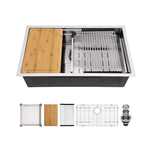 33 in. Undermount Single Bowl 16-Gauge Stainless Steel Workstation Kitchen Sink with Bottom Grids, 2-Tiered Track