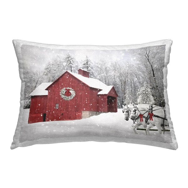 Stupell Industries Snow Covered Red Barn Grey Rectangular Outdoor Throw Pillow