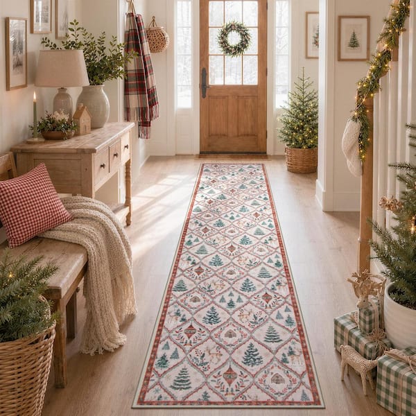 Washable Christmas Vintage Moroccan Animal Non Slip 2 ft. x 8 ft. Beige Entryway Kitchen Indoor Runner rug