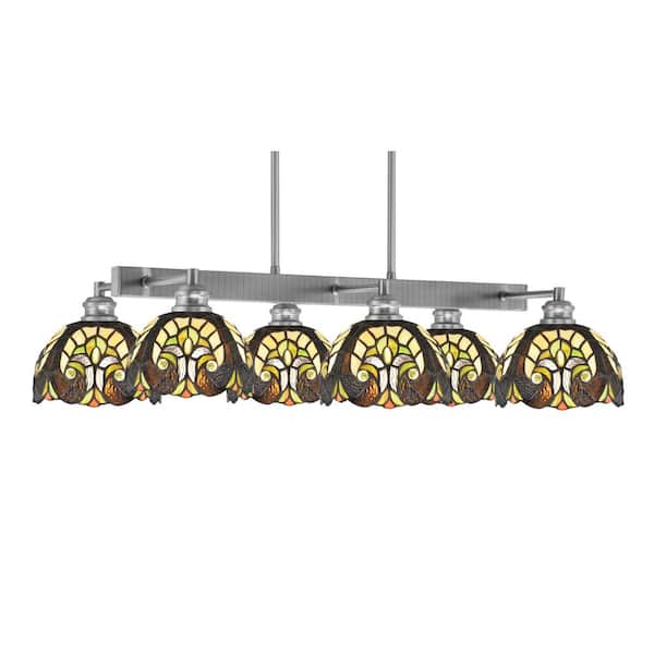 Unbranded Albany 6 Light Brushed Nickel Downlight Chandelier, Linear Chandelier for the Kitchen with Ivory Cypress Glass Shades