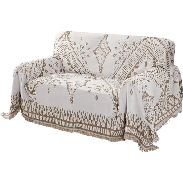 Afoxsos White Reversible Sofa/Couch Slip Cover with Tassels for Most Shape Sofa Furniture Protector