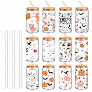 Halloween Ghost Pumpkin Glass Tumblers Set of 12, 16 oz. Iced Coffee Cups with Lids Straws Spooky Bat Party Mugs