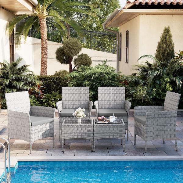 6-Piece Outdoor Rattan Seating Group with Gray Cushions, Patio Bistro Set with Table Ideal for Garden (Set of 4)