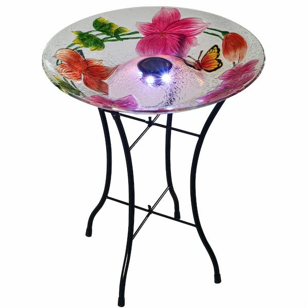 Teamson Home Outdoor 18 in. Glass Hand Painted Flower Fusion Solar Bird Bath with Stand