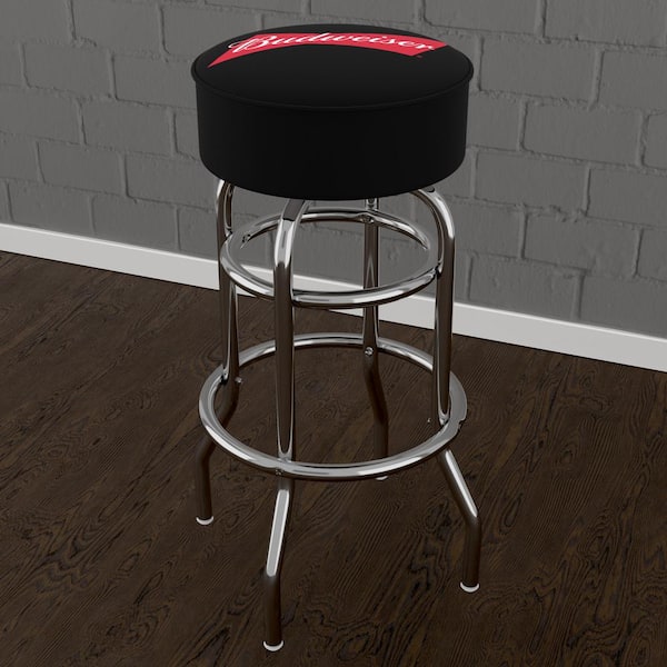 Unbranded Budweiser Bowtie Red/Black 31 in. Black Backless Metal Bar Stool with Vinyl Seat