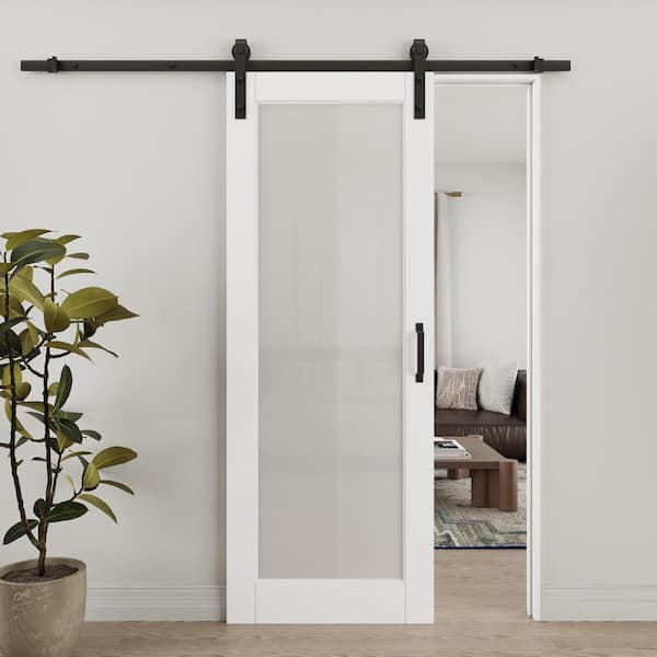 30 in. x 80 in. Waterproof 1-Lite Frosted Glass White Primed MDF Sliding Barn Door with Hardware Kit and Soft Close
