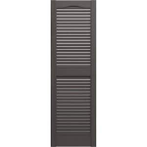 14-1/2 in. x 55 in. Lifetime Vinyl Standard Cathedral Top Center Mullion Open Louvered Shutters Pair Musket Brown
