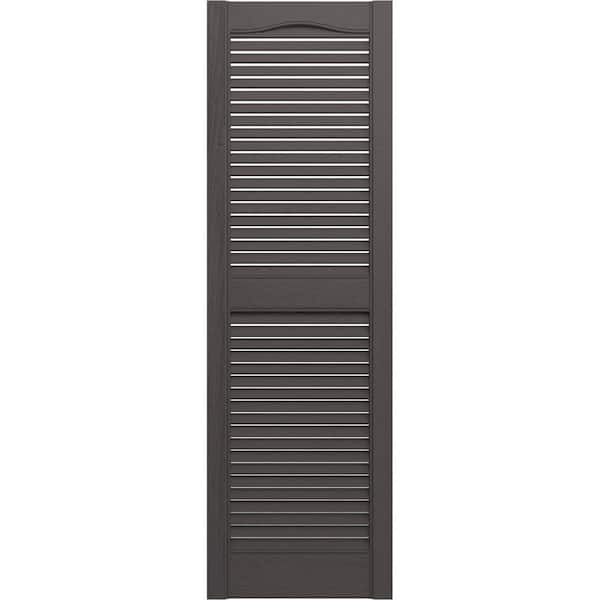 Ekena Millwork 14-1/2 in. x 67 in. Lifetime Vinyl Standard Cathedral Top Center Mullion Open Louvered Shutters Pair Musket Brown