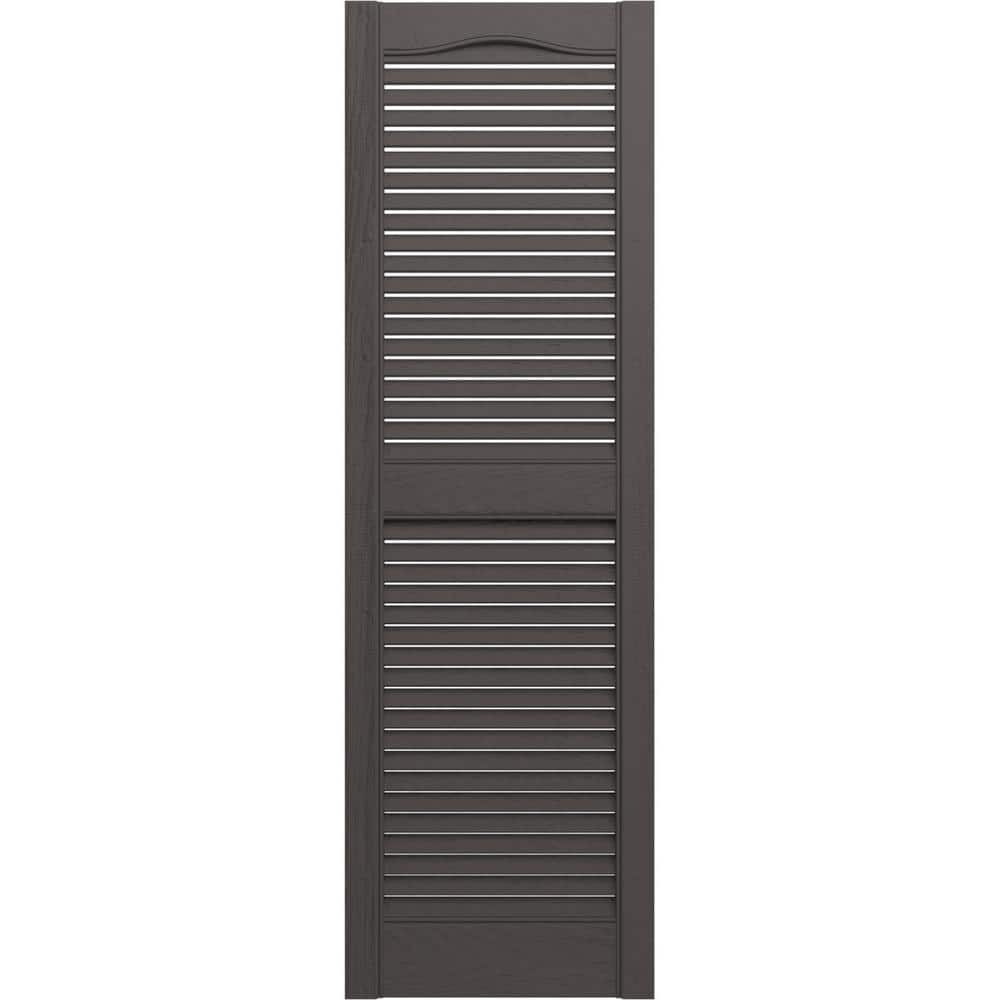 Ekena Millwork 14-1/2 in. x 72 in. Lifetime Vinyl Standard Cathedral Top Center Mullion Open Louvered Shutters Pair Musket Brown