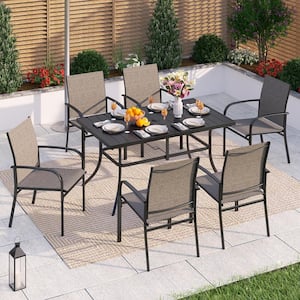 Black 7-Piece Metal Rectangle Table Outdoor Patio Dining Set with Brown Textilene Chairs