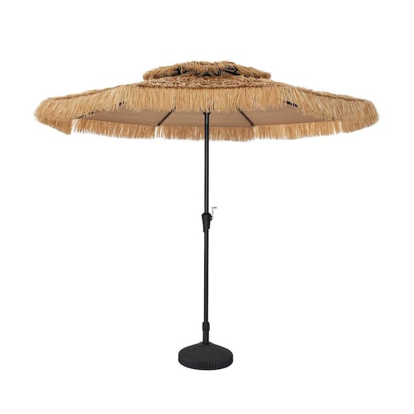 9 ft. Thatched Tiki Beach Umbrella 2-Tier Patio Umbrella with Crank and Umbrella Base in Natural Color
