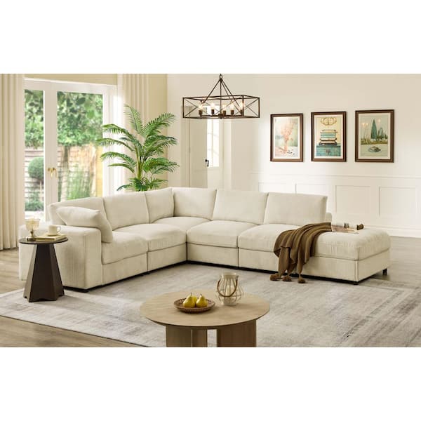 Liam Modern 122 in. Square Arm 6-Piece Corduroy Modular Sectional Sofa in Beige with Ottoman, Reversible