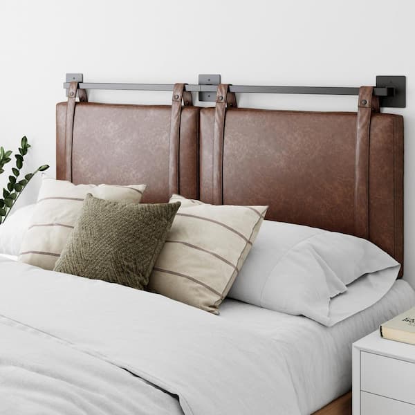 Nathan James Harlow 62 in. Vintage Brown Queen Wall Mount Faux Leather Upholstered Headboard Adjustable Straps and Black Metal Rail
