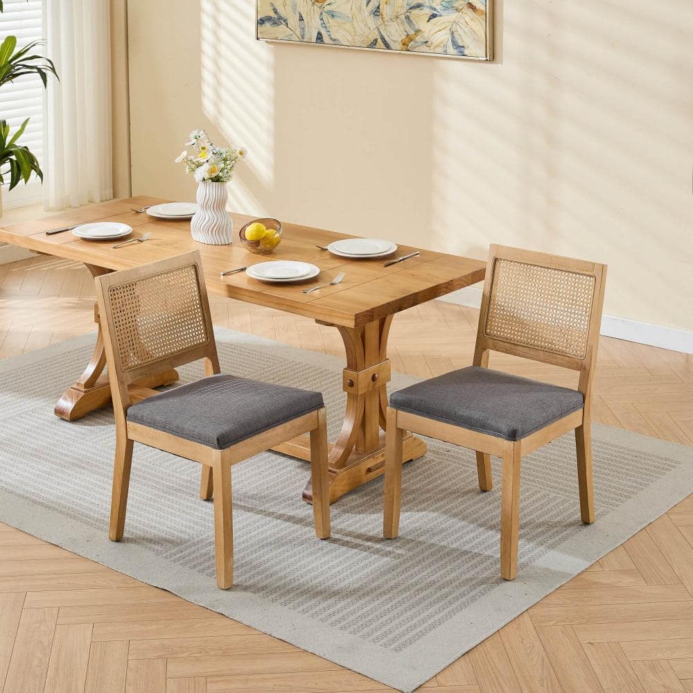 Gray Set of 2 Farmhouse Rattan Upholstered Dining Chairs with Natural Hardwood Frame price history on PriceWatchPro