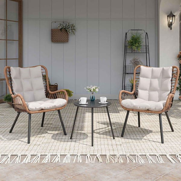 LAUSAINT HOME Brown 3-Piece Wicker Patio Conversation Set with Beige Cushions, High Back Design & Coffee Table