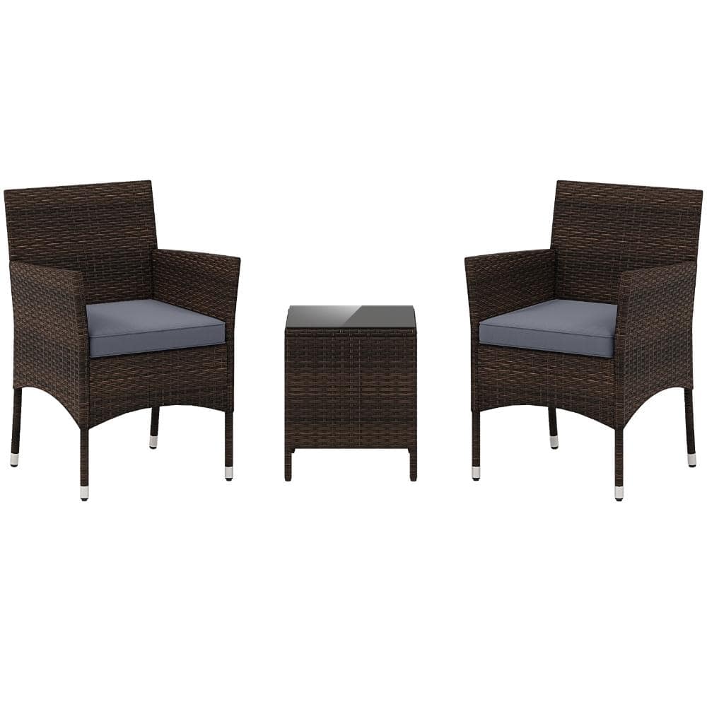 3-Piece PE Rattan Outdoor Patio Conversation Set with Tempered Glass Coffee Table and Cushions, Gray price history on PriceWatchPro