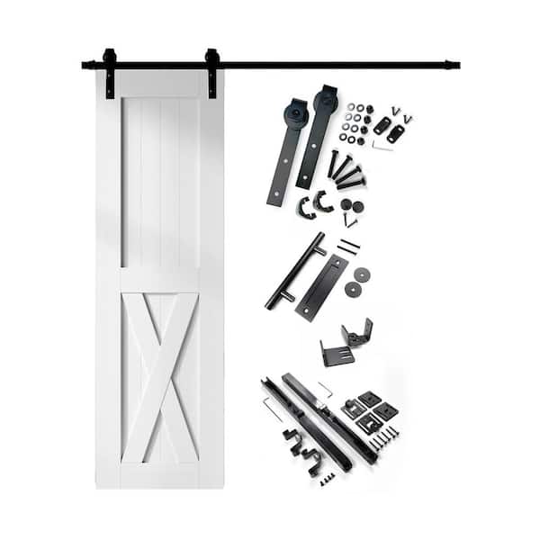 HOMACER 30 in. x 96 in. X-Frame White Solid Pine Wood Interior Sliding Barn Door with Hardware Kit, Non-Bypass