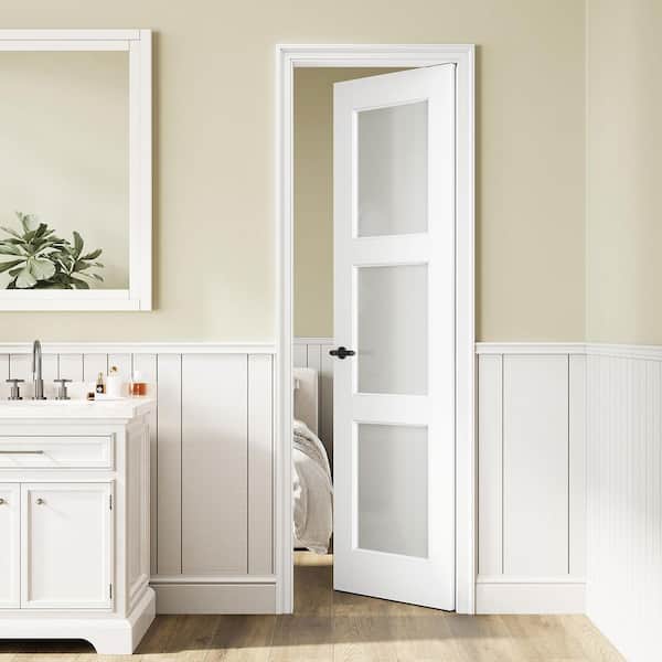 18 in. x 80 in. 3-Lite Tempered Frosted Glass and Solid Core Manufacture Wood White Primed Interior Door Slab