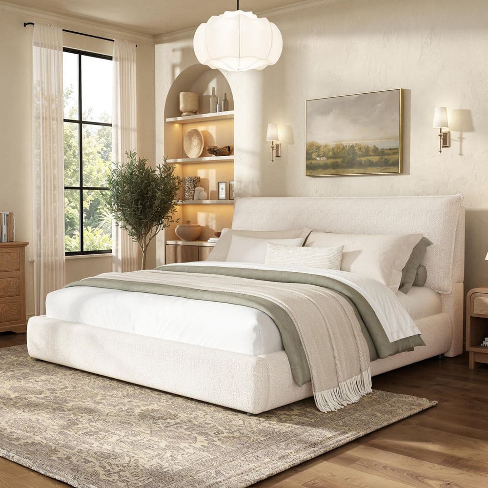 Low Profile Cream White Wood Frame King Size Chenille Upholstered Platform Bed with Oversized Plush Pillow Headboard
