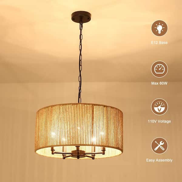 LWYTJO 19 in. 5-Light Black Dimmable Bohemian Drum Chandelier