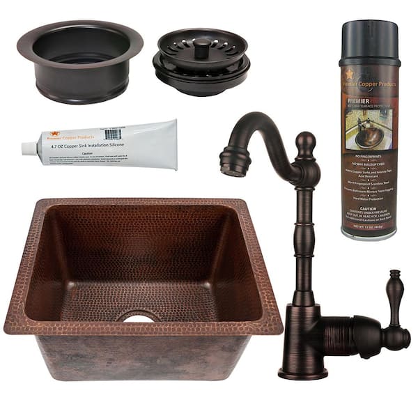 Premier Copper Products Bronze 14 Gauge Copper 17 in. Dual Mount Rectangle Bar Sink with Faucet and Garbage Disposal Drain
