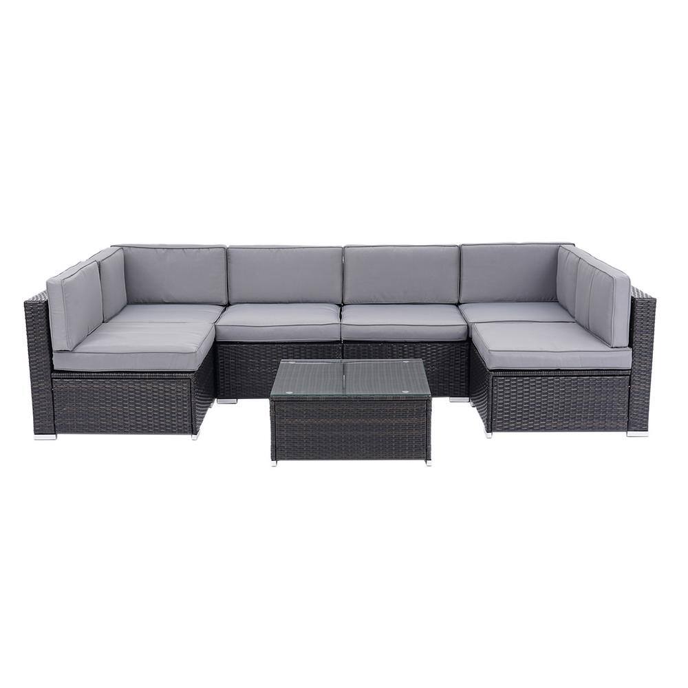 Outdoor Sectional 7-Piece Wicker Outdoor Patio Conversation Set with Gray C